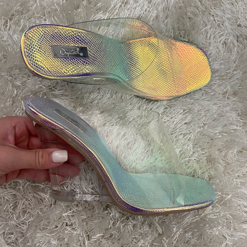 See-through iridescent wedge heels
